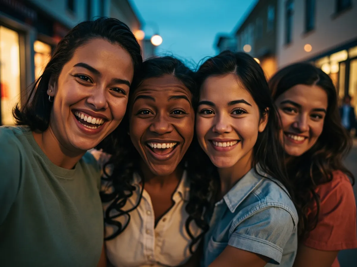 Computer-generated image: four friends laughing together in a group photo on a quest day out