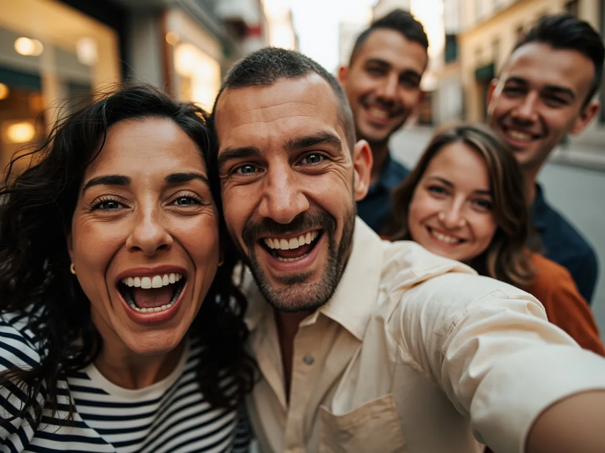 Computer-generated image: four friends laughing together in a group photo on a quest day out