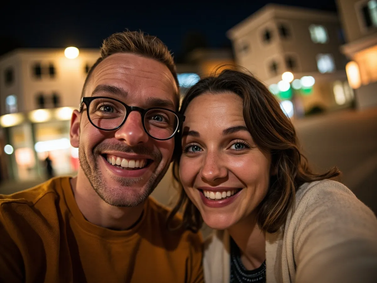 Computer-generated image: two friends laughing together in a group photo on a quest day out