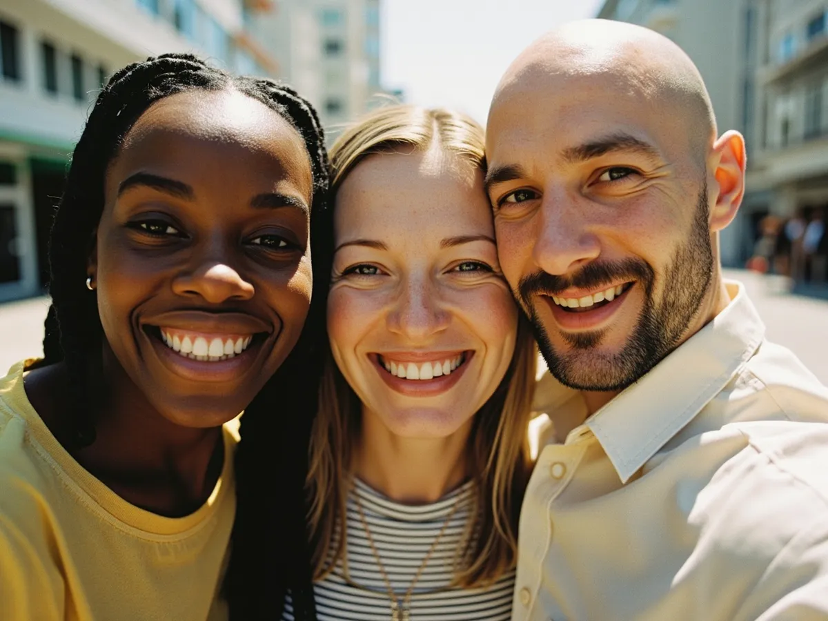 Computer-generated image: three friends laughing together in a group photo on a quest day out