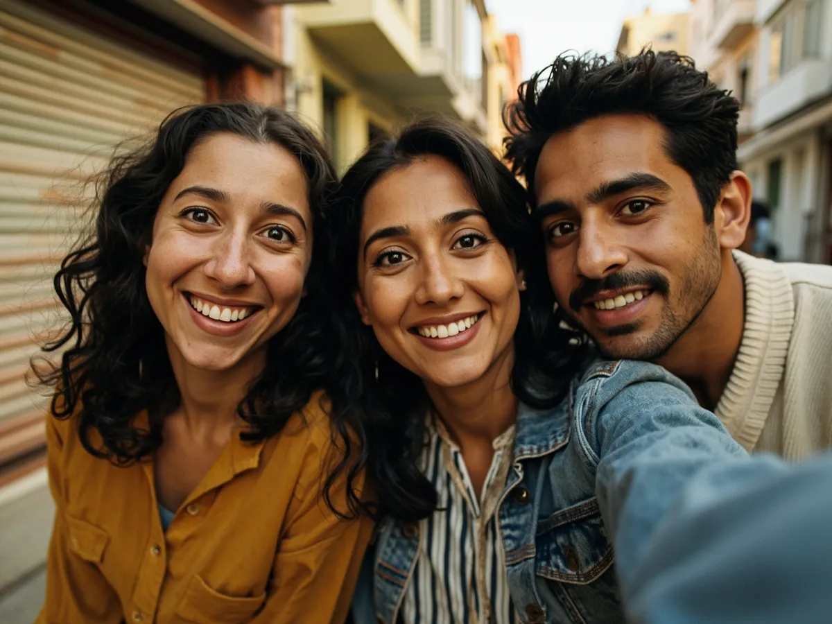 Computer-generated image: three friends laughing together in a group photo on a quest day out