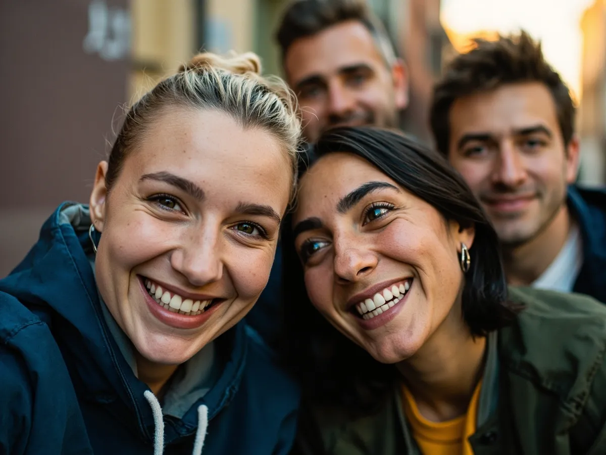 Computer-generated image: four friends laughing together in a group photo on a quest day out