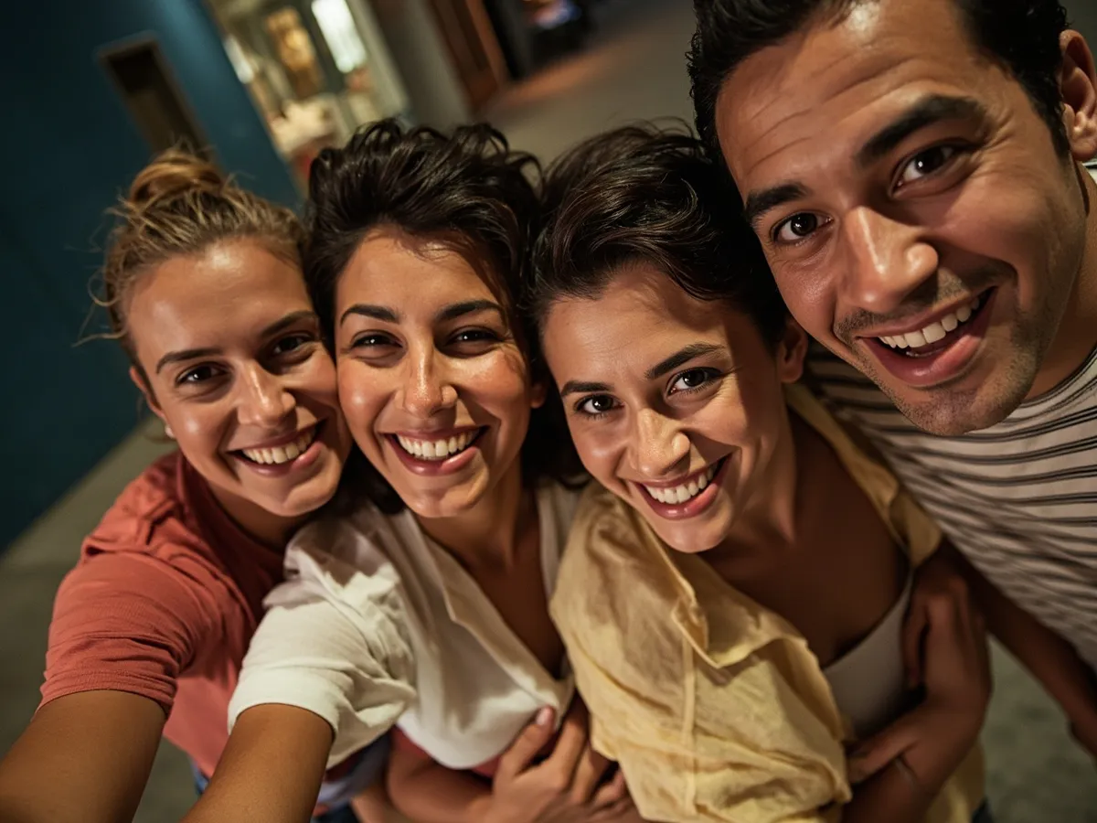 Computer-generated image: four friends laughing together in a group photo on a quest day out