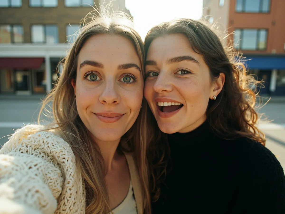 Computer-generated image: two friends laughing together in a group photo on a quest day out