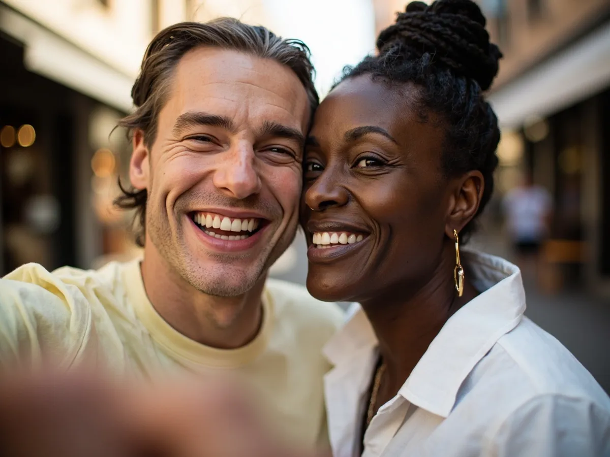 Computer-generated image: two friends laughing together in a group photo on a quest day out