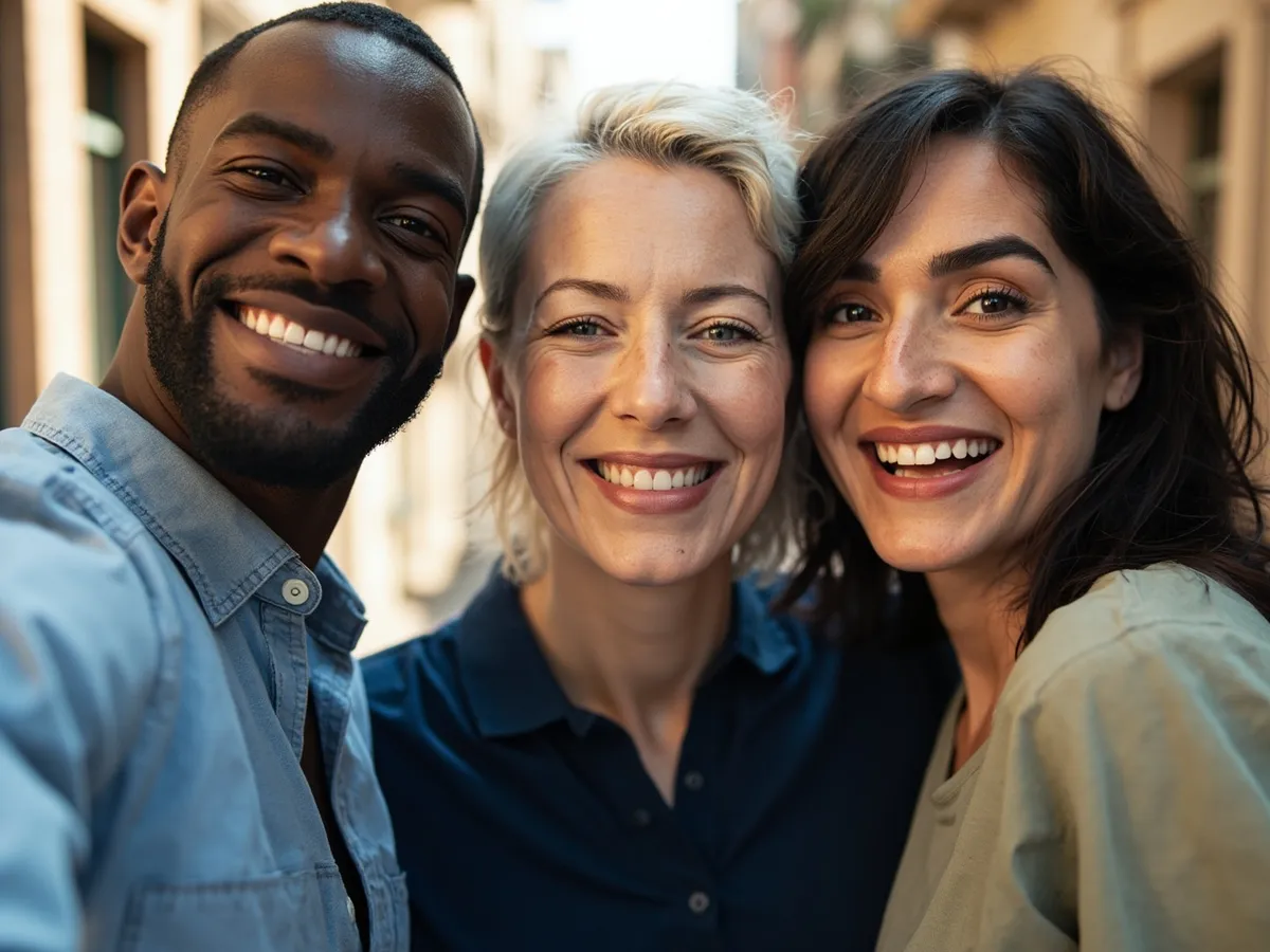 Computer-generated image: three friends laughing together in a group photo on a quest day out