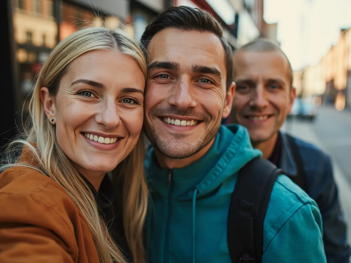 Computer-generated image: three friends laughing together in a group photo on a quest day out