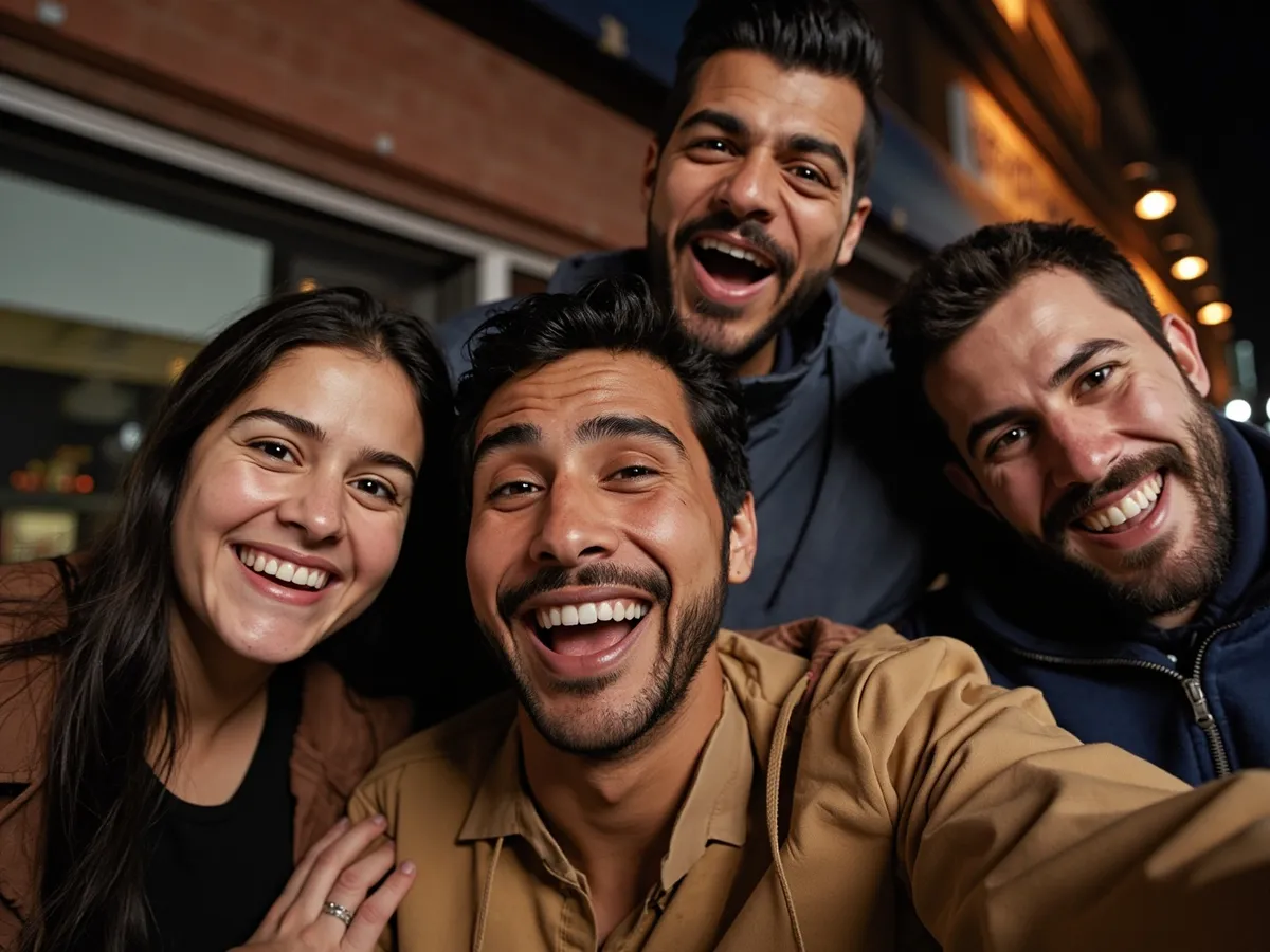 Computer-generated image: four friends laughing together in a group photo on a quest day out