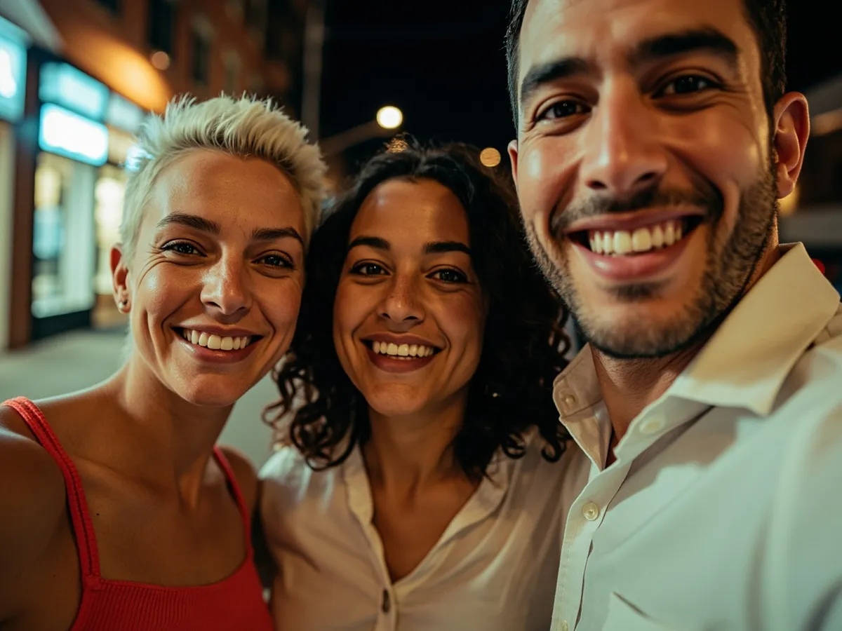 Computer-generated image: three friends laughing together in a group photo on a quest day out