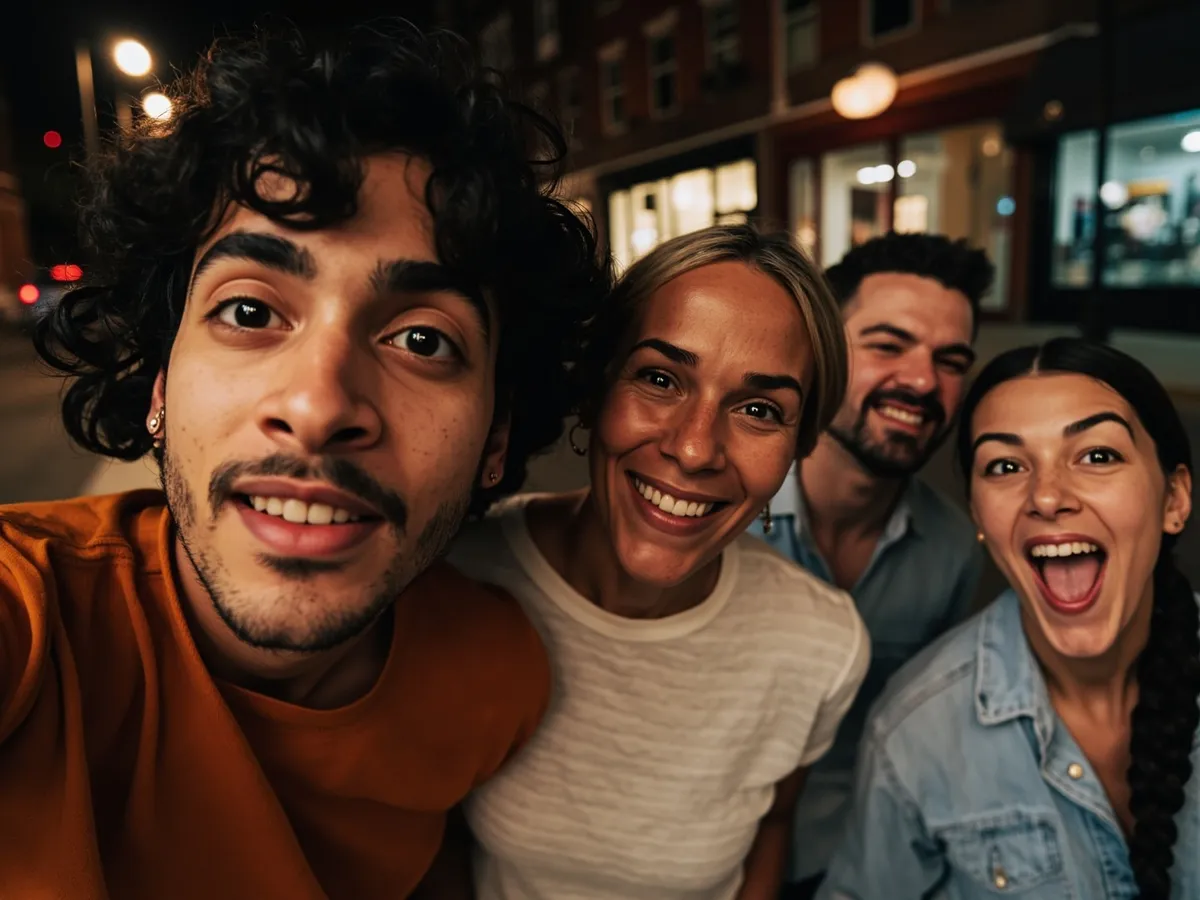 Computer-generated image: four friends laughing together in a group photo on a quest day out