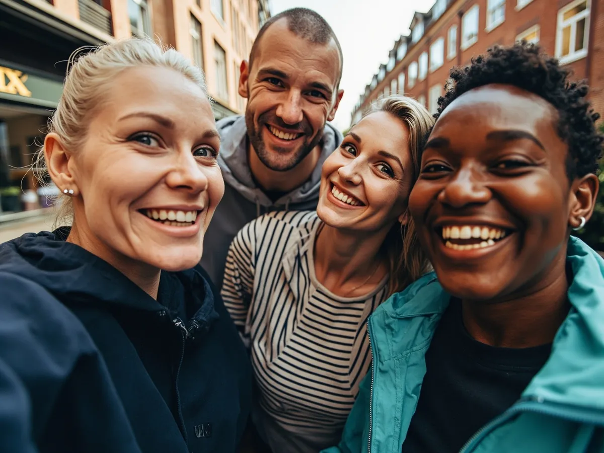 Computer-generated image: four friends laughing together in a group photo on a quest day out