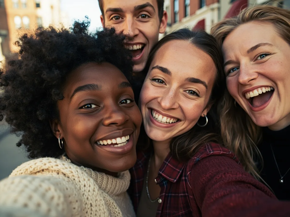 Computer-generated image: four friends laughing together in a group photo on a quest day out