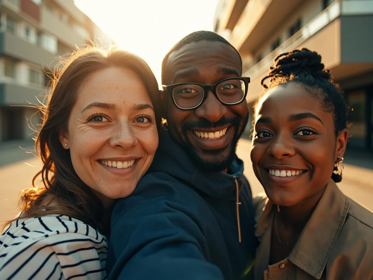 Computer-generated image: three friends laughing together in a group photo on a quest day out