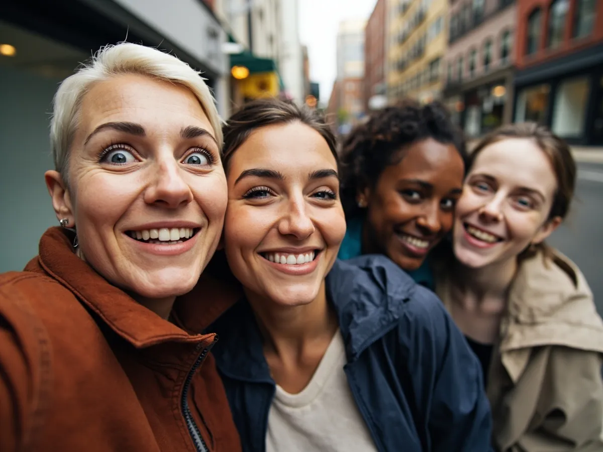 Computer-generated image: four friends laughing together in a group photo on a quest day out