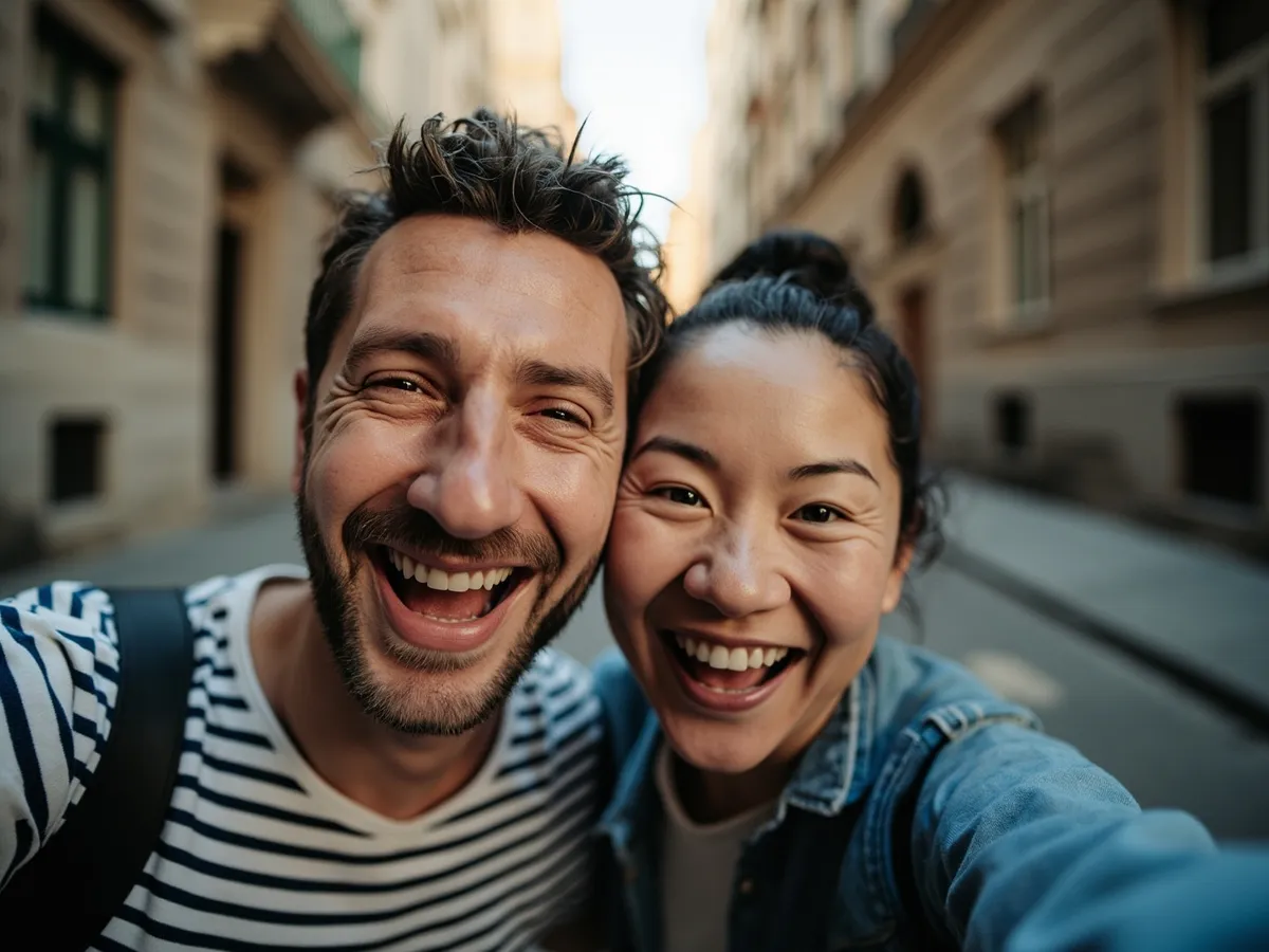 Computer-generated image: two friends laughing together in a group photo on a quest day out