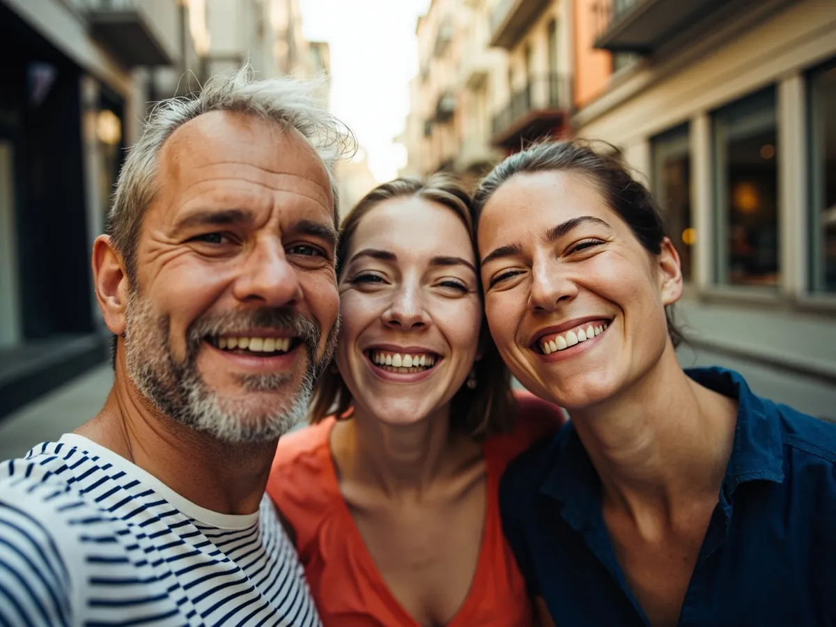 AI-generated illustration: three friends laughing together in a group photo on a quest day out