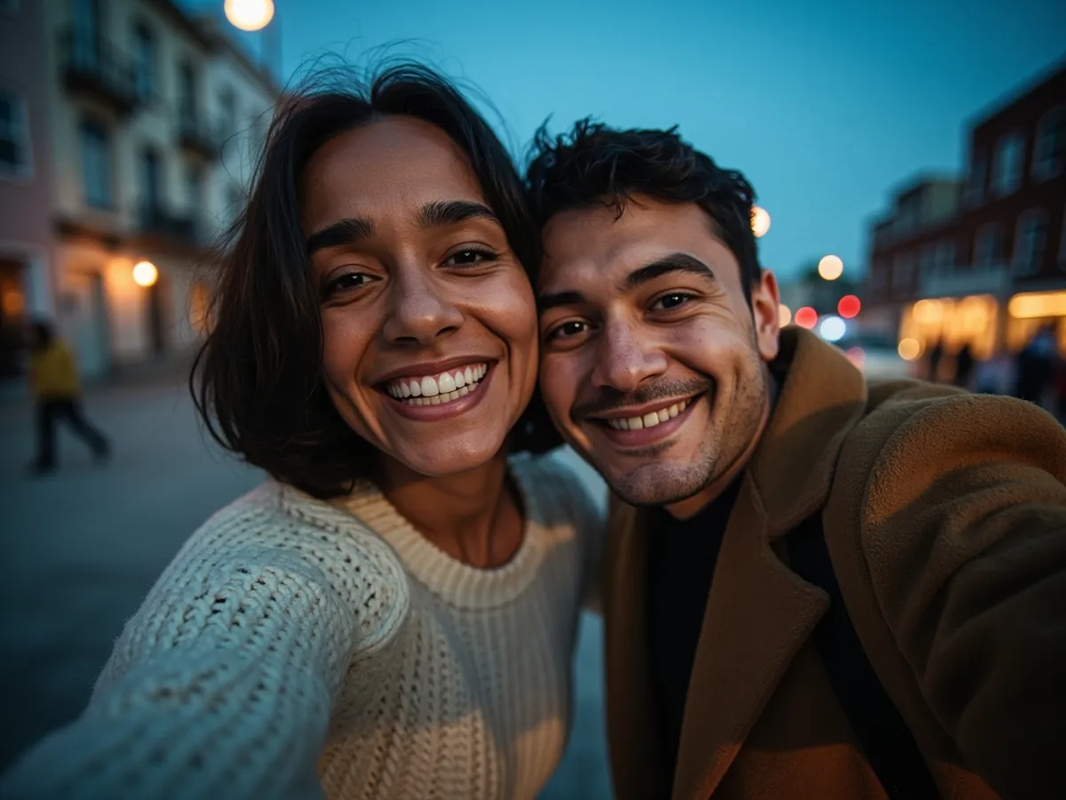 AI-generated illustration: two friends laughing together in a group photo on a quest day out