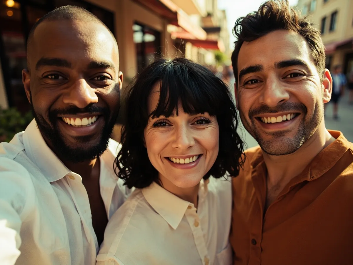 Computer-generated image: three friends laughing together in a group photo on a quest day out
