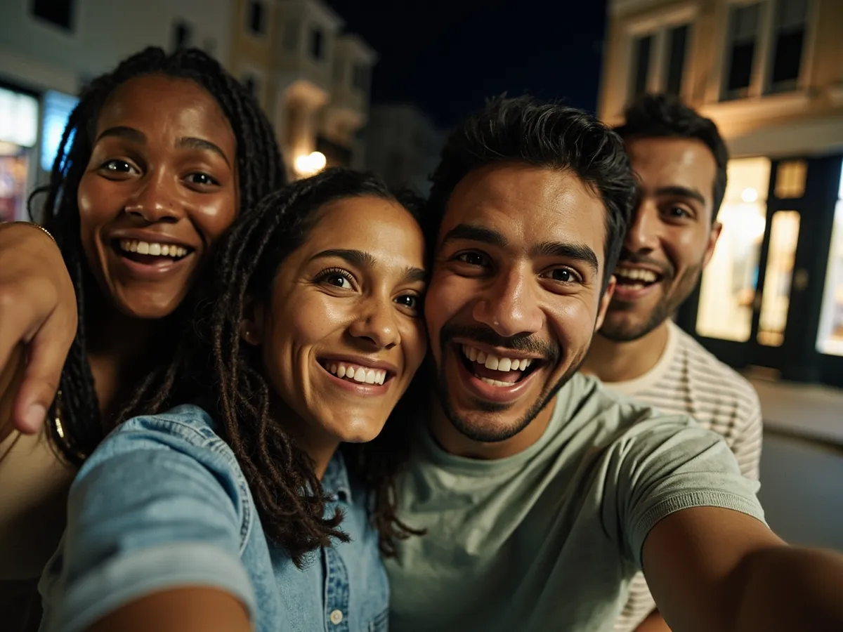 Computer-generated image: four friends laughing together in a group photo on a quest day out