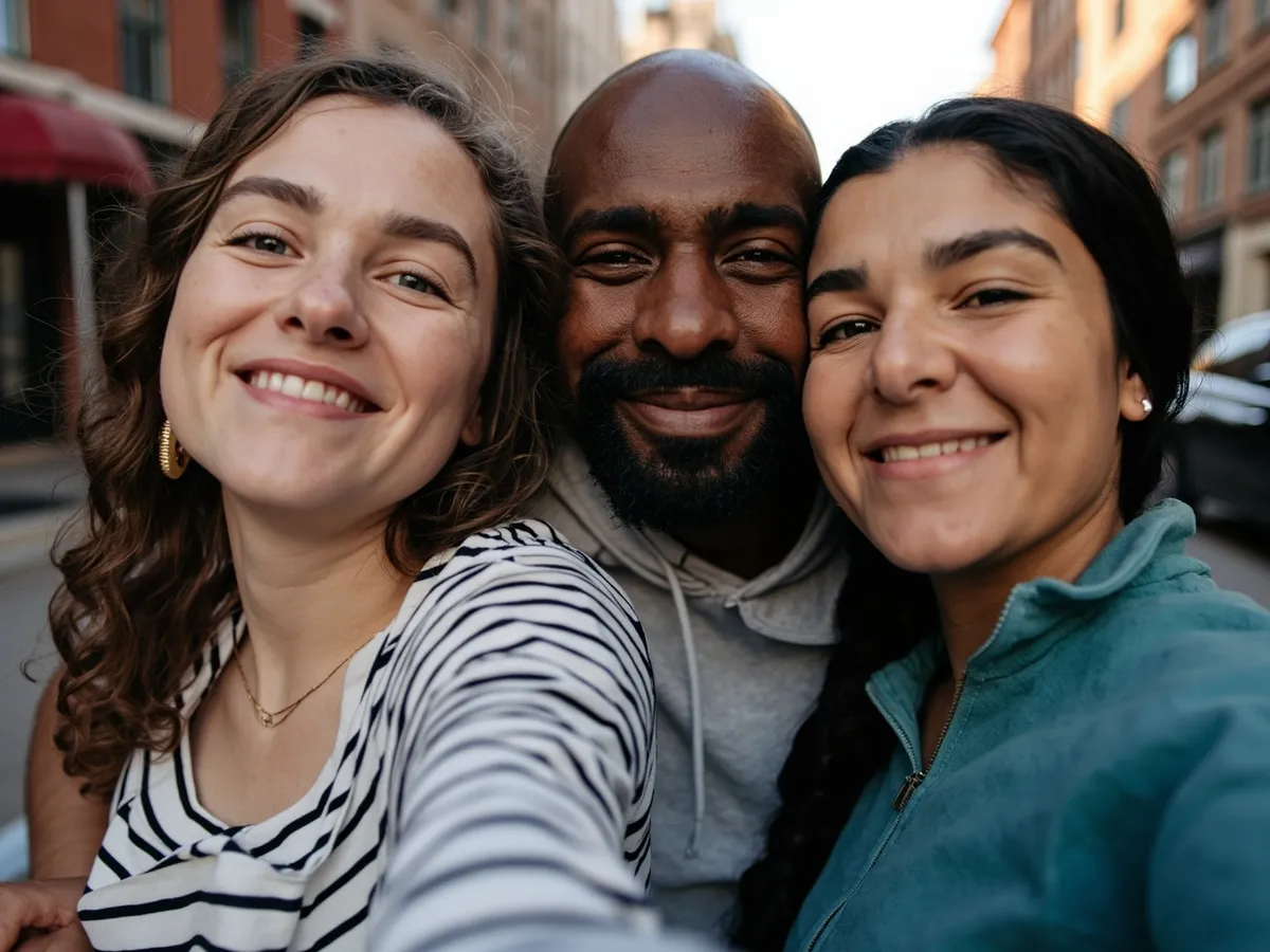 Computer-generated image: three friends laughing together in a group photo on a quest day out