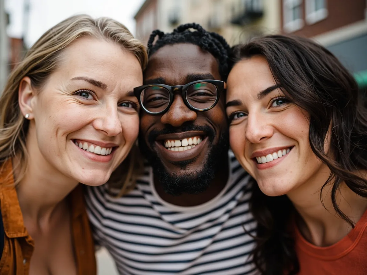 Computer-generated image: three friends laughing together in a group photo on a quest day out