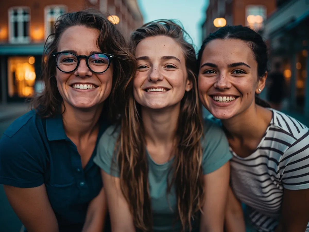 Computer-generated image: three friends laughing together in a group photo on a quest day out