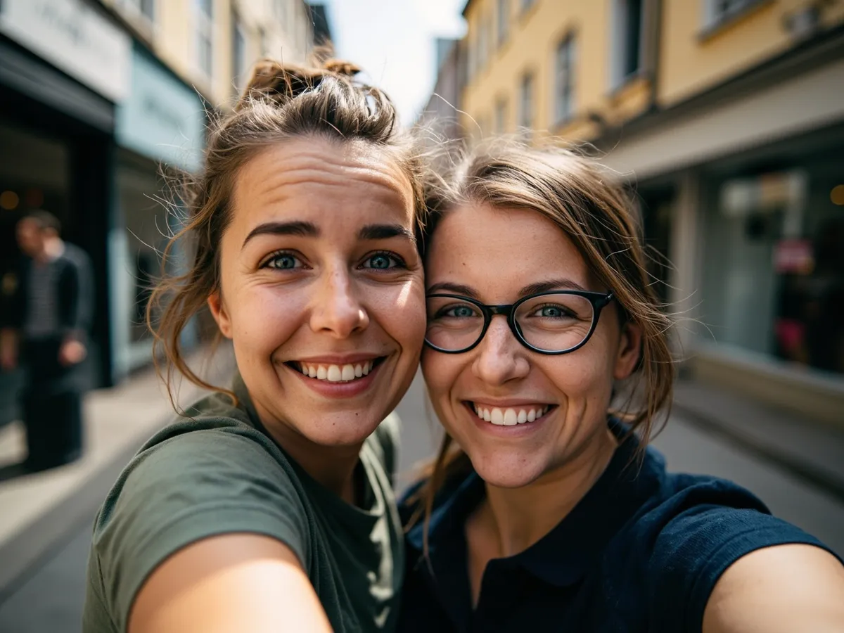 Computer-generated image: two friends laughing together in a group photo on a quest day out