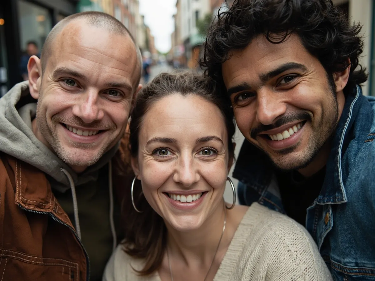 Computer-generated image: three friends laughing together in a group photo on a quest day out