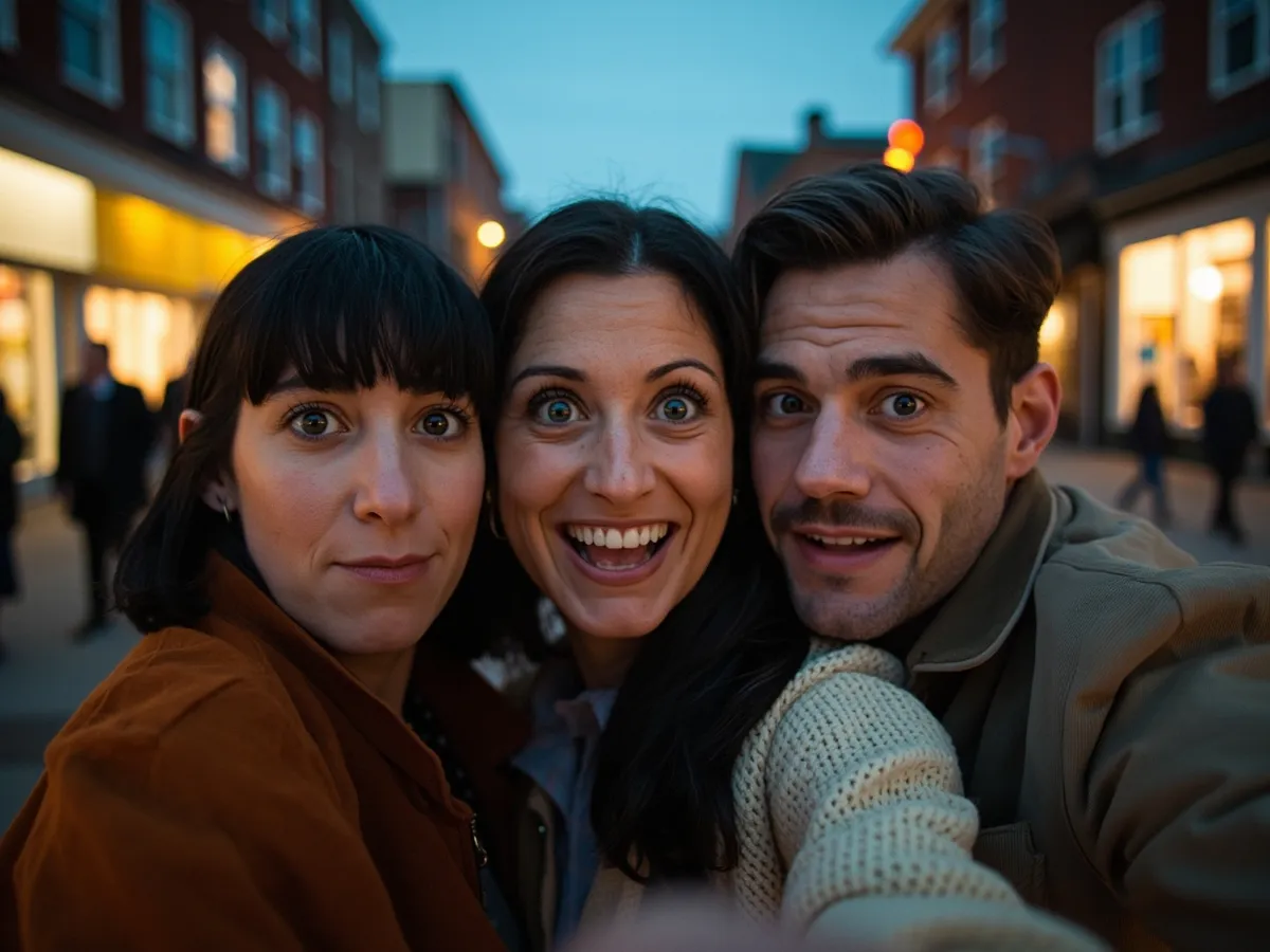 Computer-generated image: three friends laughing together in a group photo on a quest day out