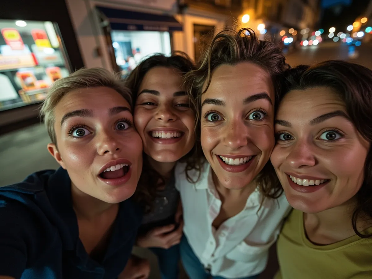 Computer-generated image: four friends laughing together in a group photo on a quest day out