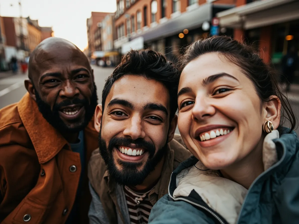 Computer-generated image: four friends laughing together in a group photo on a quest day out