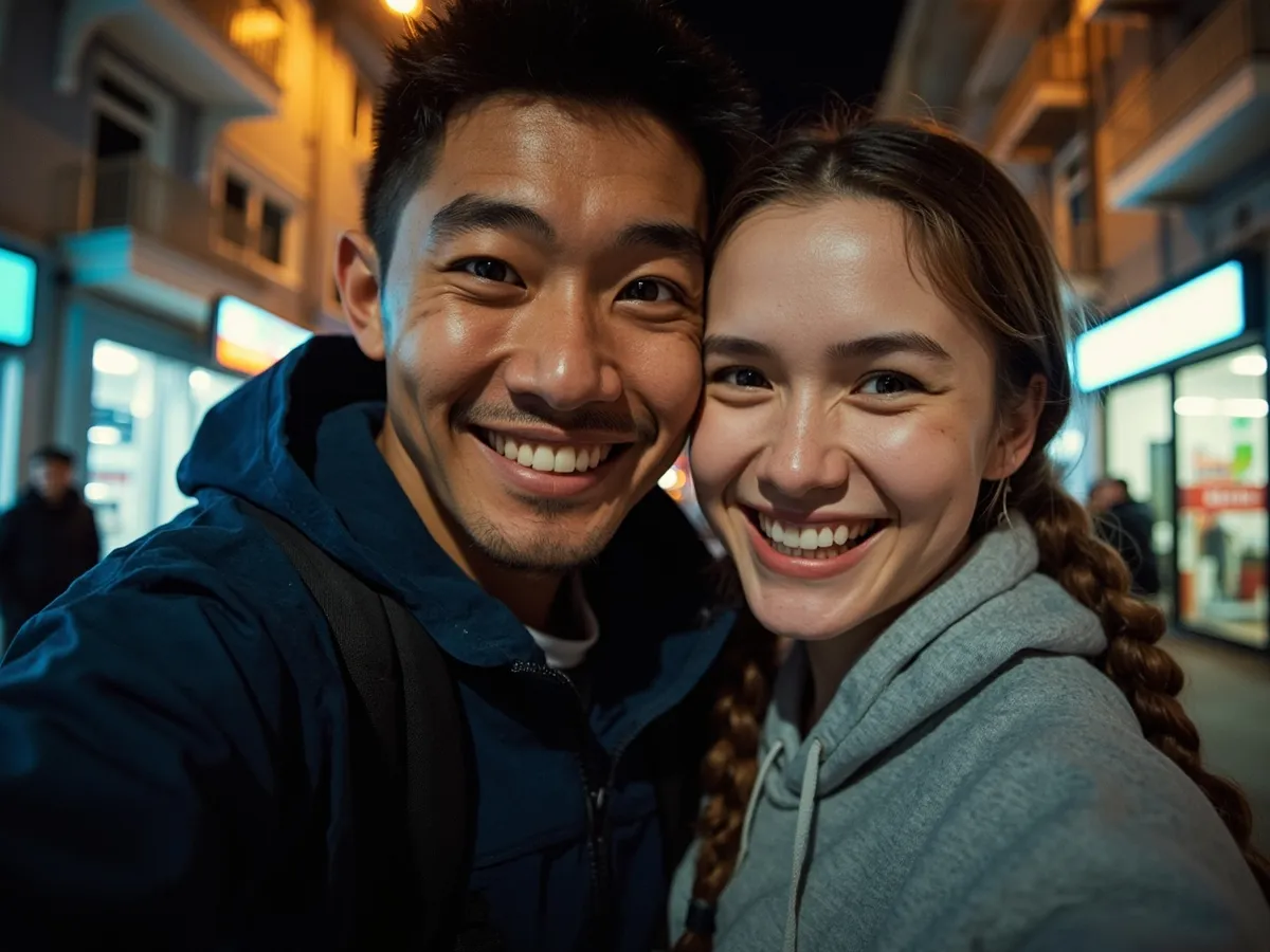 Computer-generated image: two friends laughing together in a group photo on a quest day out