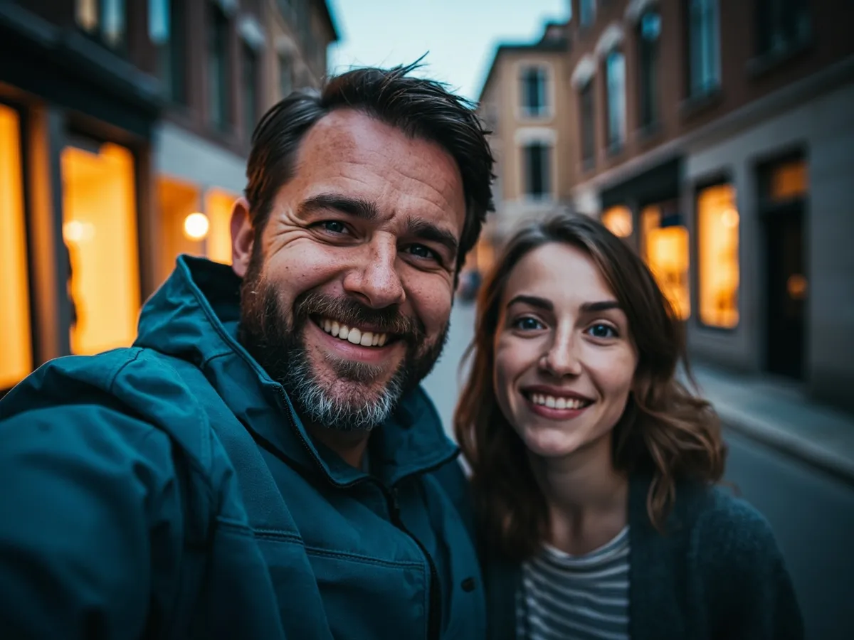 Computer-generated image: two friends laughing together in a group photo on a quest day out