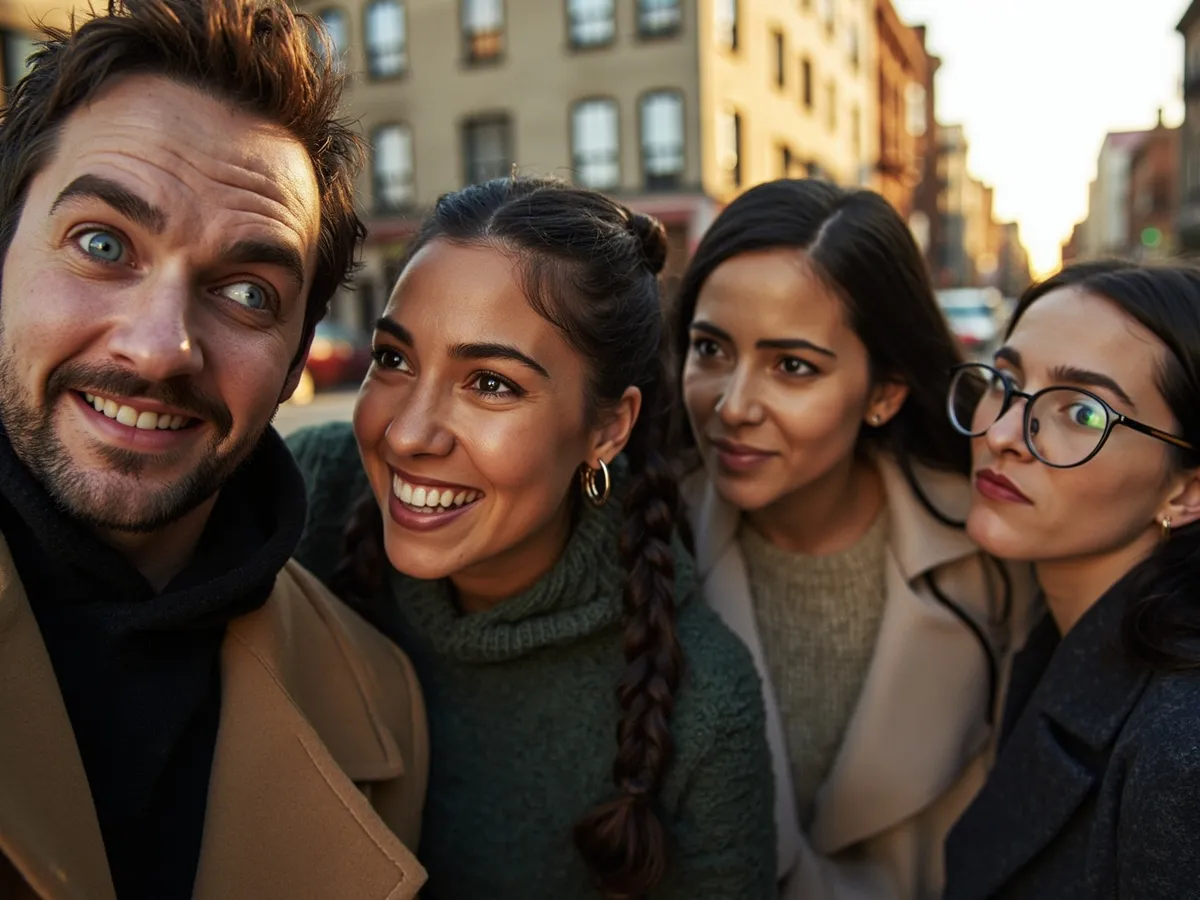Computer-generated image: four friends laughing together in a group photo on a quest day out
