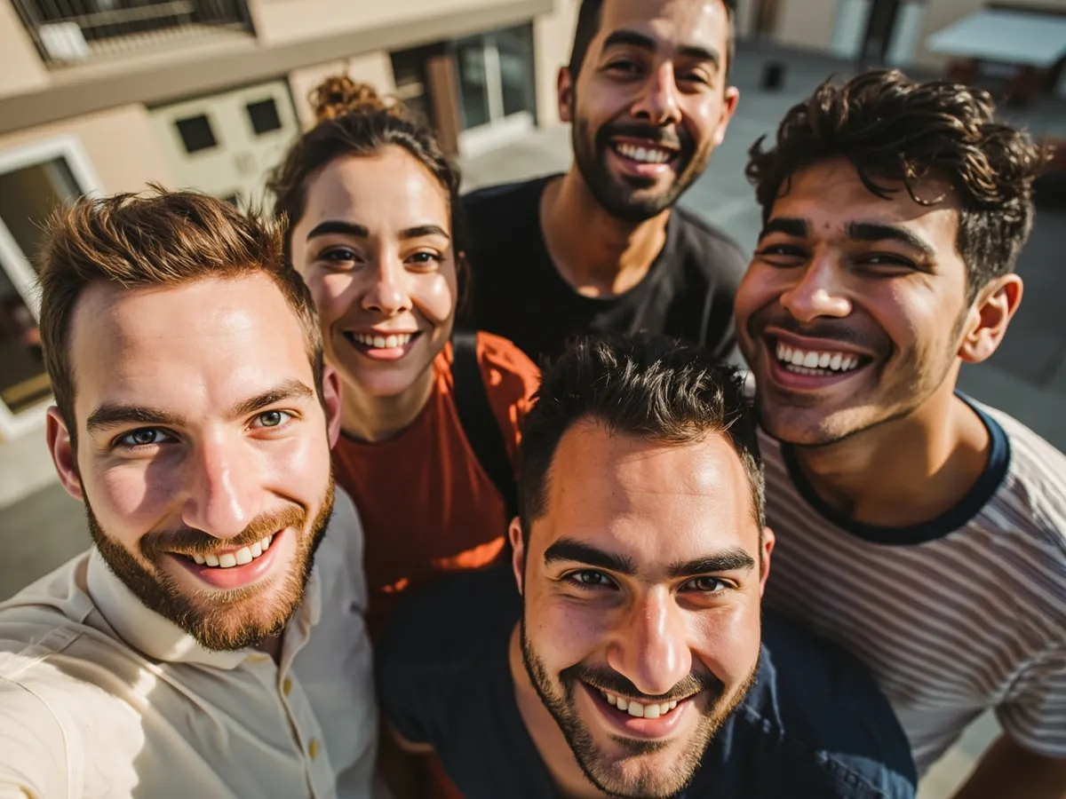 Computer-generated image: four friends laughing together in a group photo on a quest day out