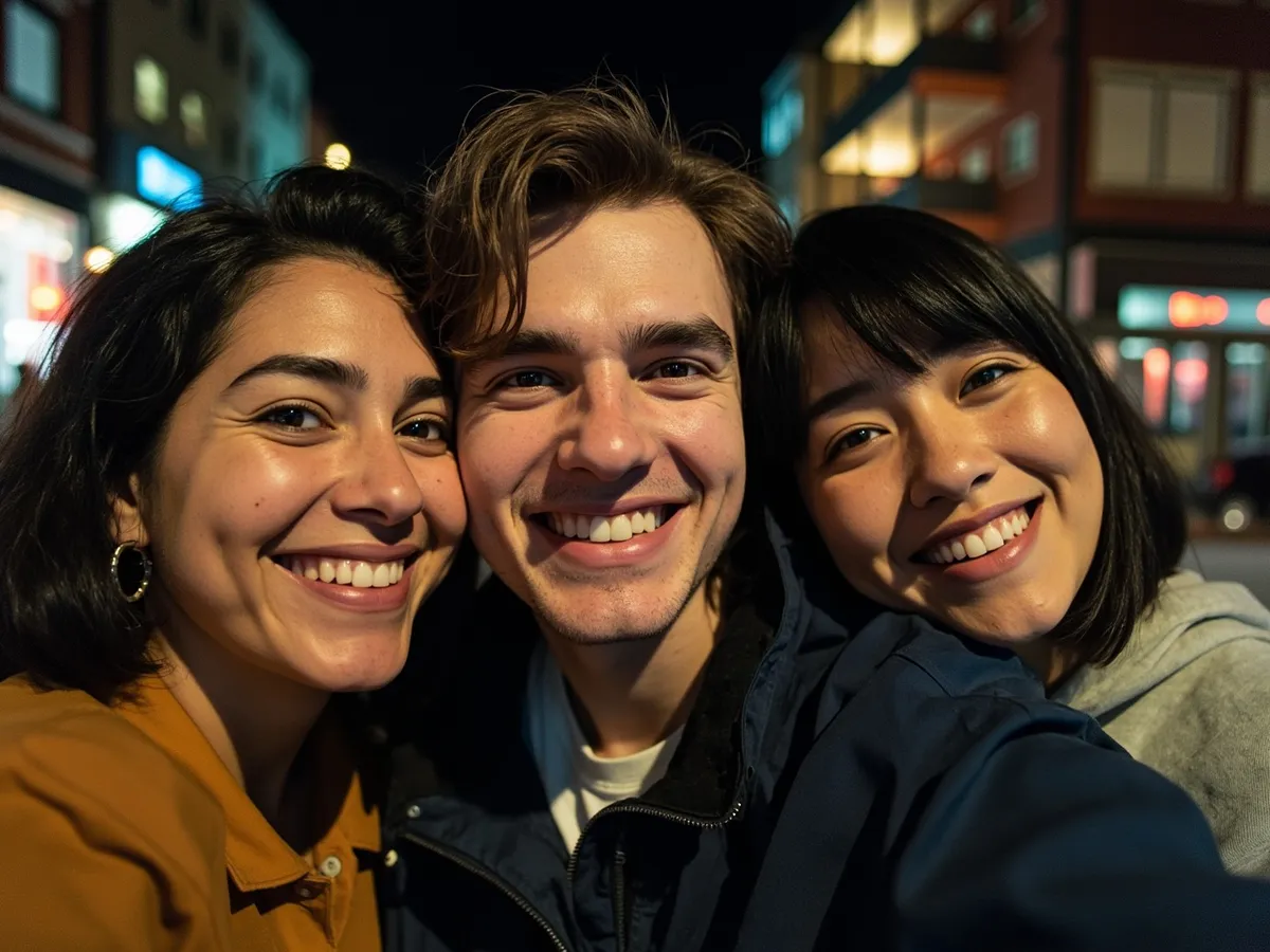 Computer-generated image: three friends laughing together in a group photo on a quest day out