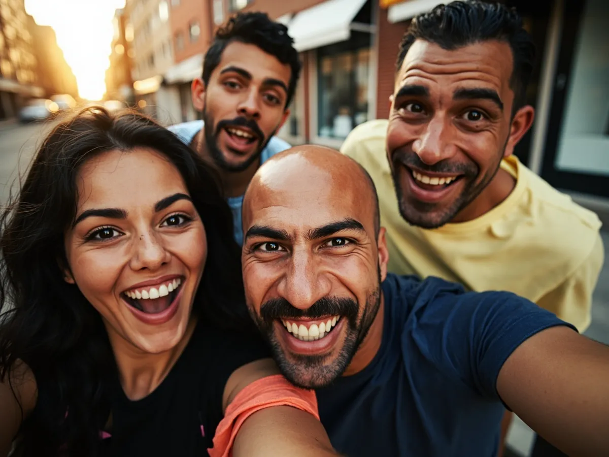 Computer-generated image: four friends laughing together in a group photo on a quest day out