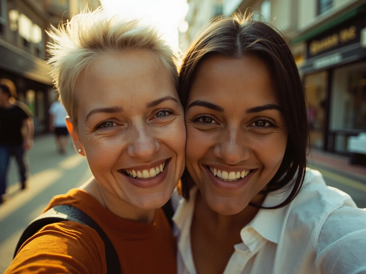 Computer-generated image: two friends laughing together in a group photo on a quest day out