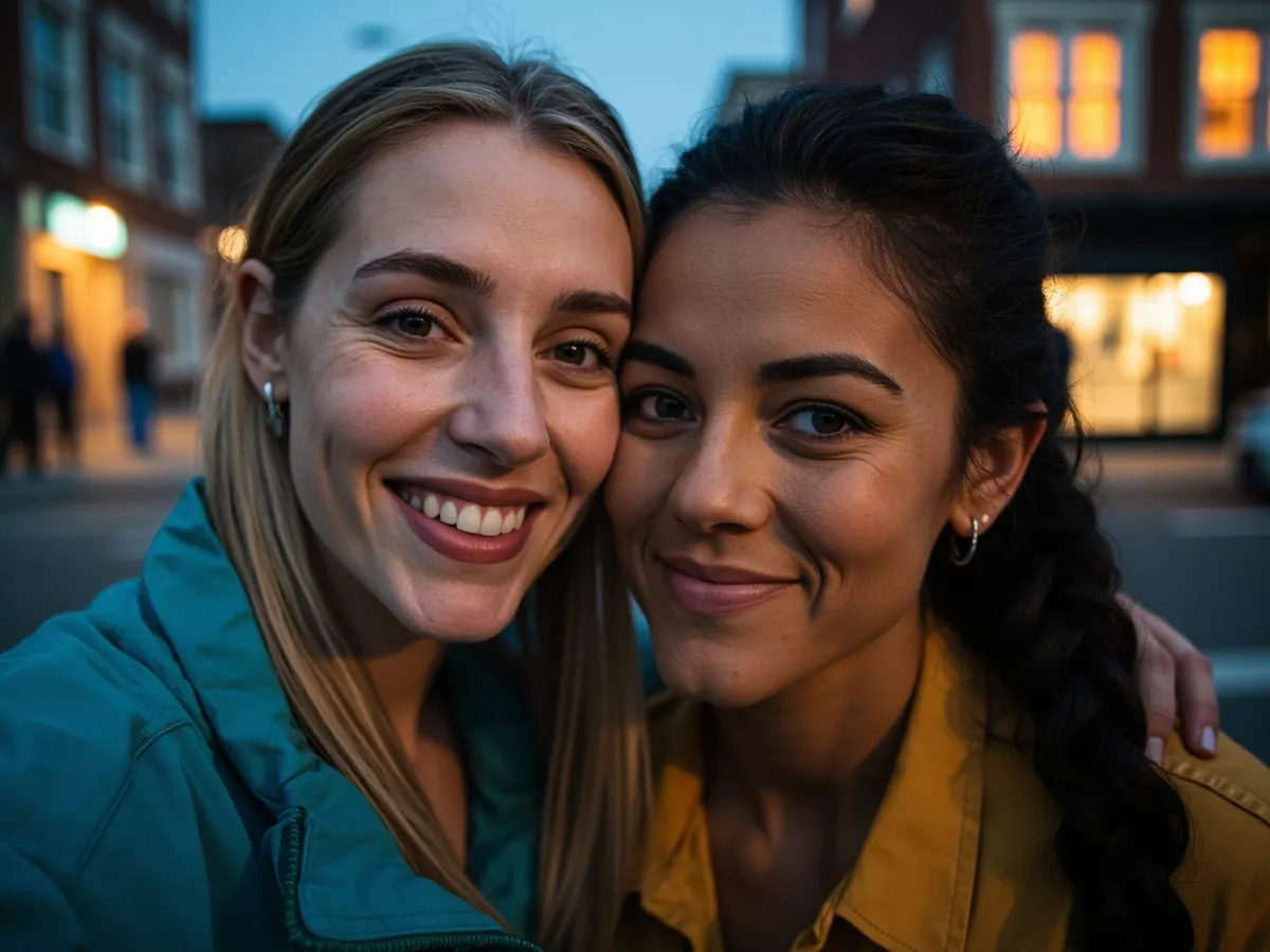 Computer-generated image: two friends laughing together in a group photo on a quest day out