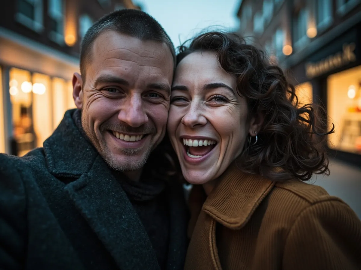Computer-generated image: two friends laughing together in a group photo on a quest day out
