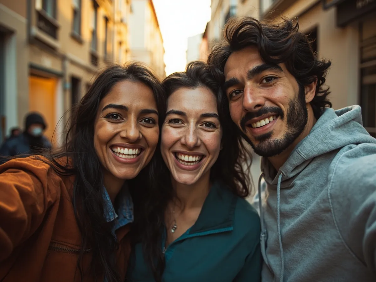 AI-generated illustration: three friends laughing together in a group photo on a quest day out