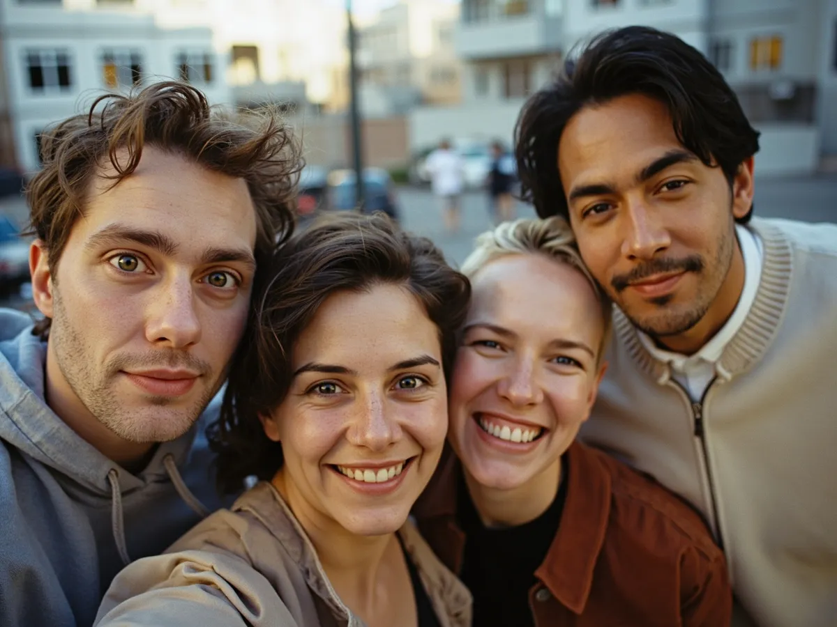 Computer-generated image: four friends laughing together in a group photo on a quest day out