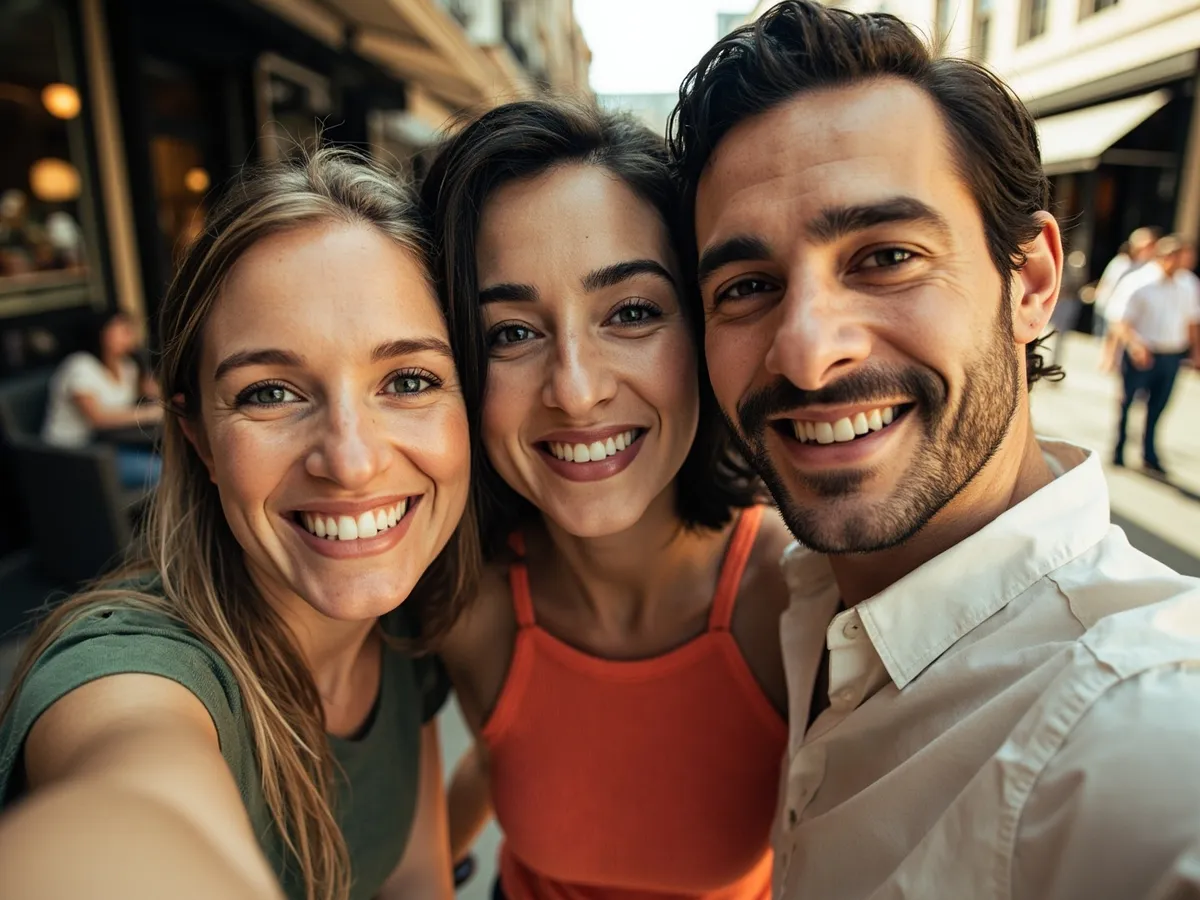 Computer-generated image: three friends laughing together in a group photo on a quest day out