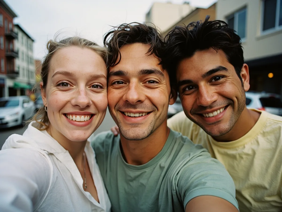 Computer-generated image: three friends laughing together in a group photo on a quest day out