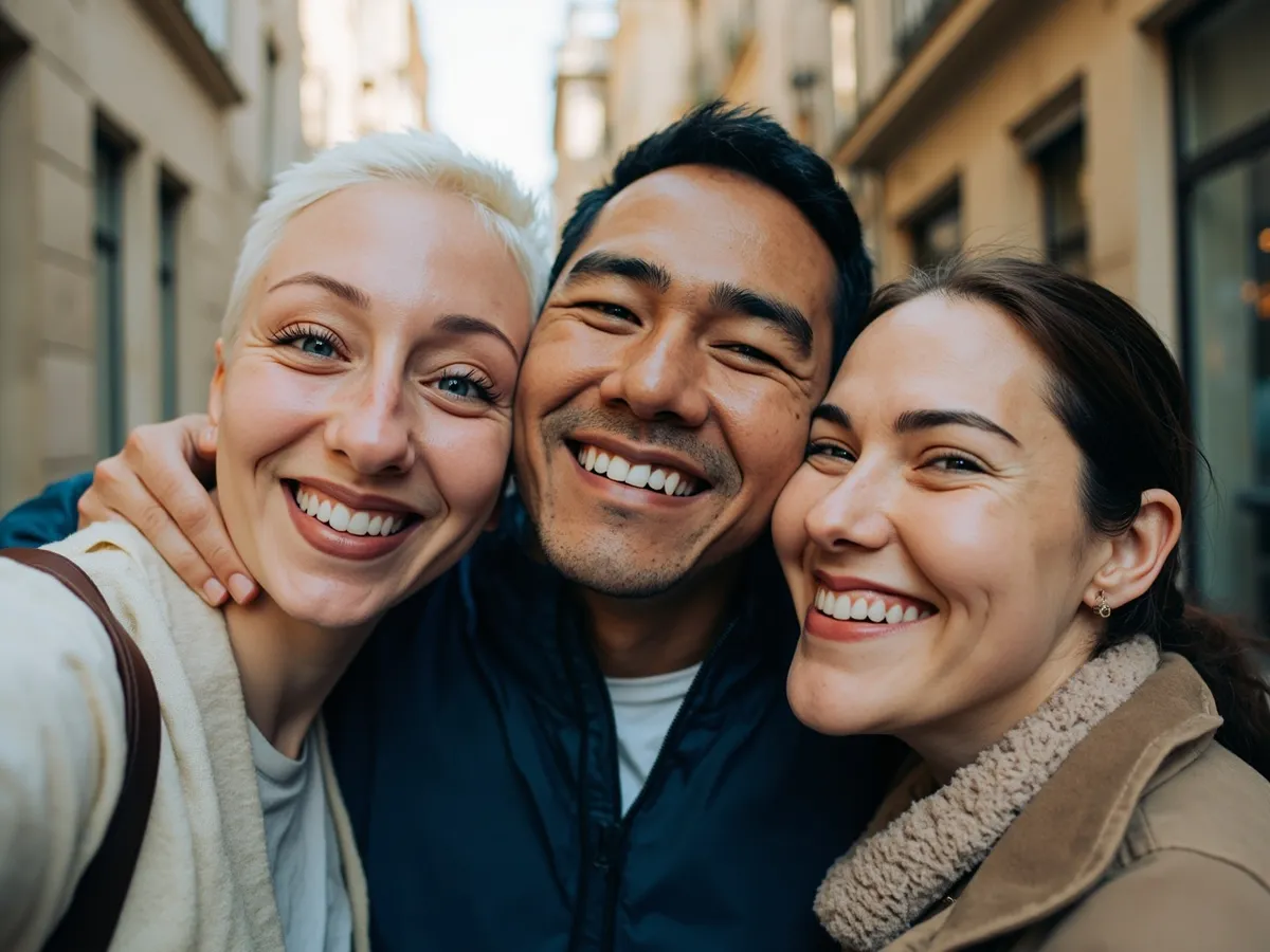 Computer-generated image: three friends laughing together in a group photo on a quest day out