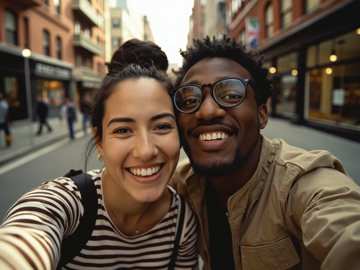 Computer-generated image: two friends laughing together in a group photo on a quest day out