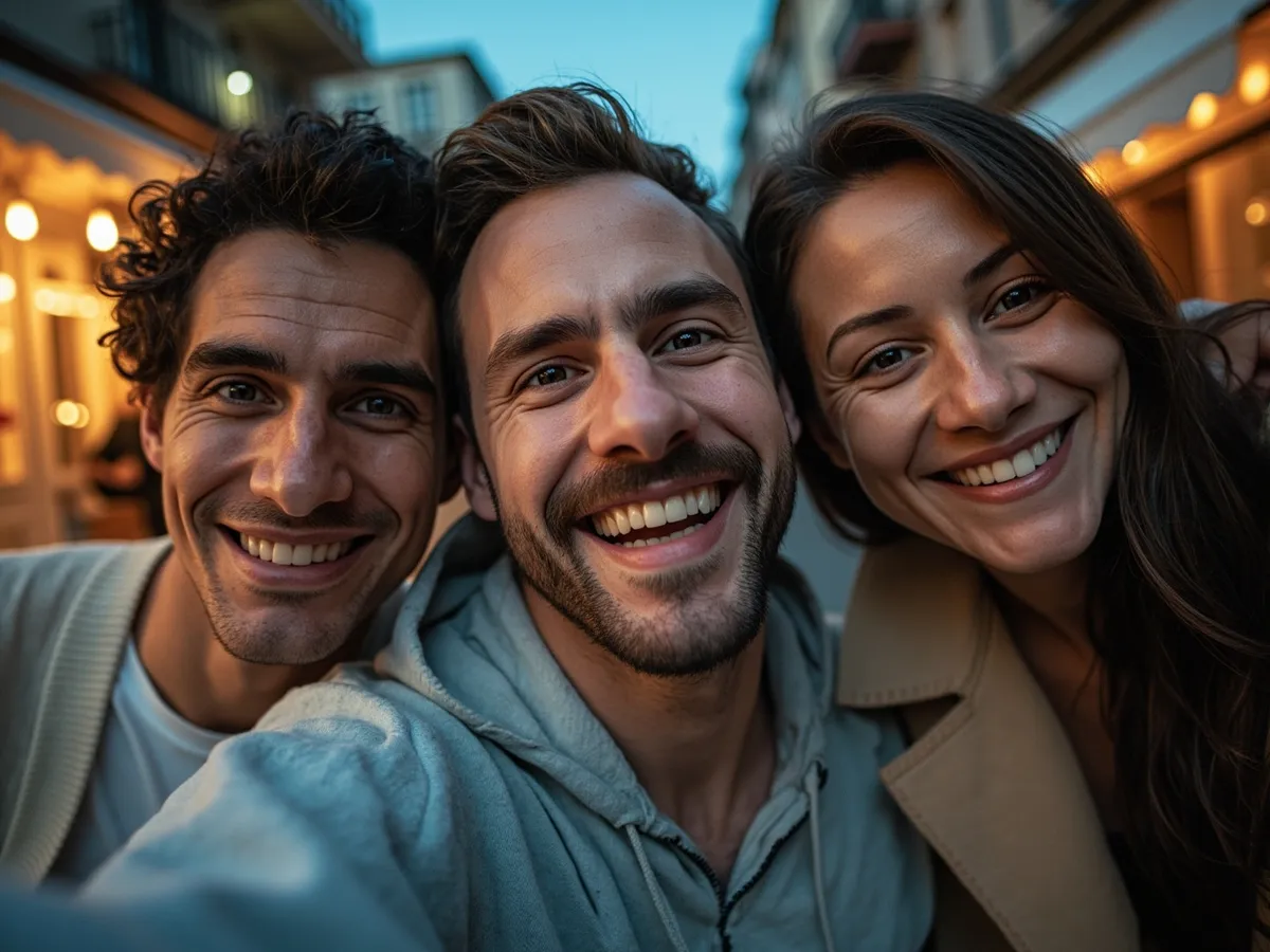 Computer-generated image: three friends laughing together in a group photo on a quest day out