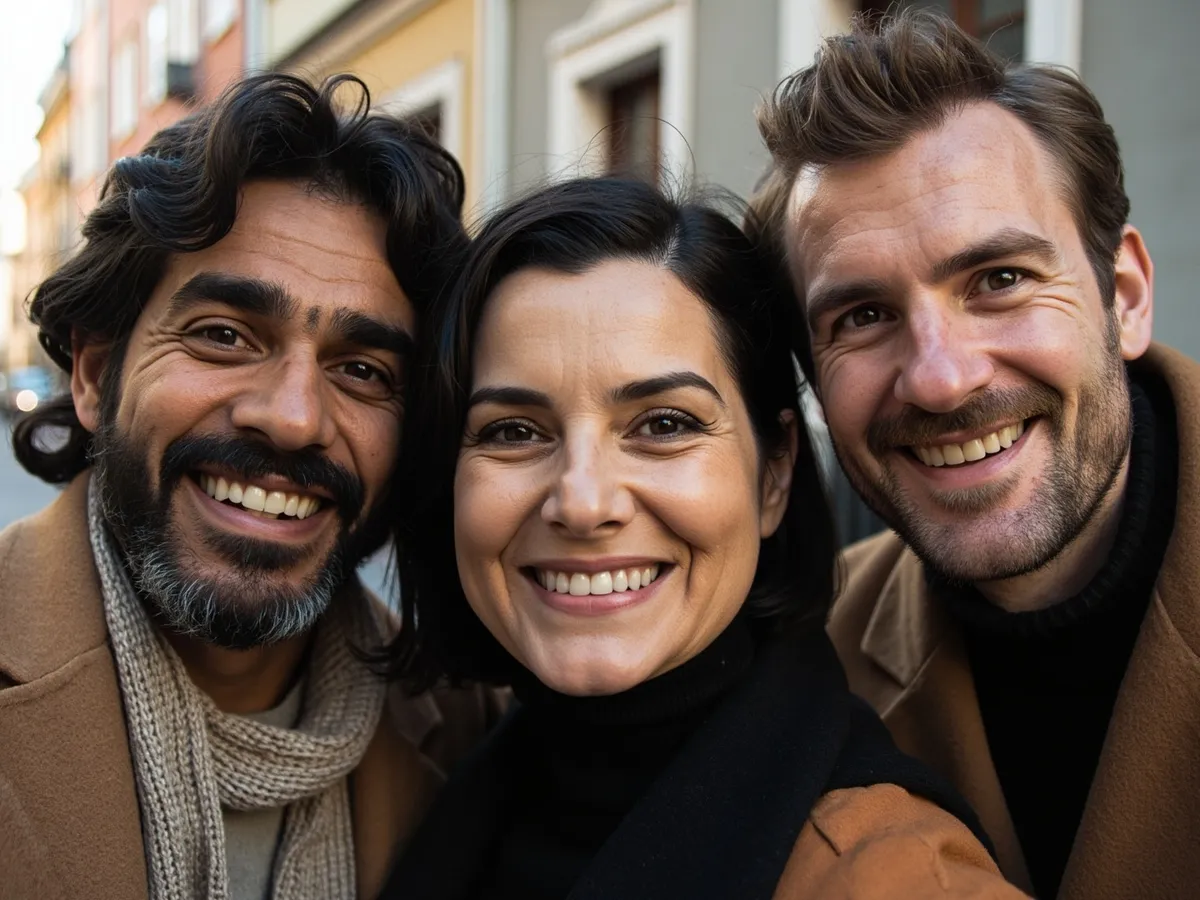 Computer-generated image: three friends laughing together in a group photo on a quest day out