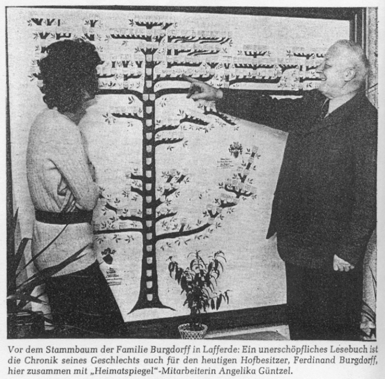 In front of the family tree of the Burgdorff family in Lafferde: The chronicle of his family is also an inexhaustible reading book for the current owner of the farm, Ferdinand Burgdorff, here together with „Heimatspiel“ employee Angelika Güntzel.