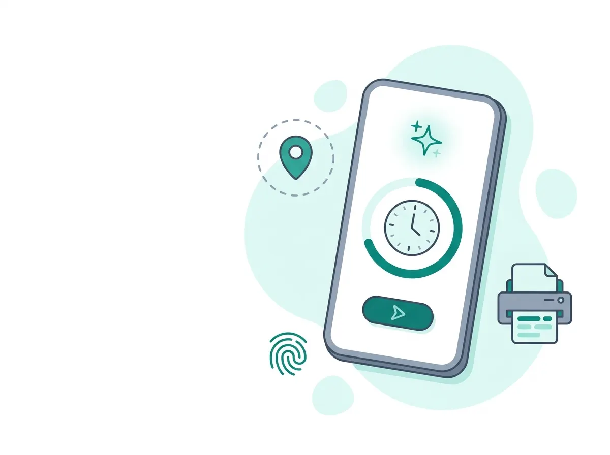 A glowing phone showing Loopapa's shift timer, a live on-shift count, and a work-zone location check, on a dark teal background.